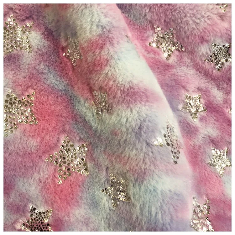 
100% polyester tie dyed faux fur fabric foil printed fake hair like bronzed plush rabbit fur gilded 
