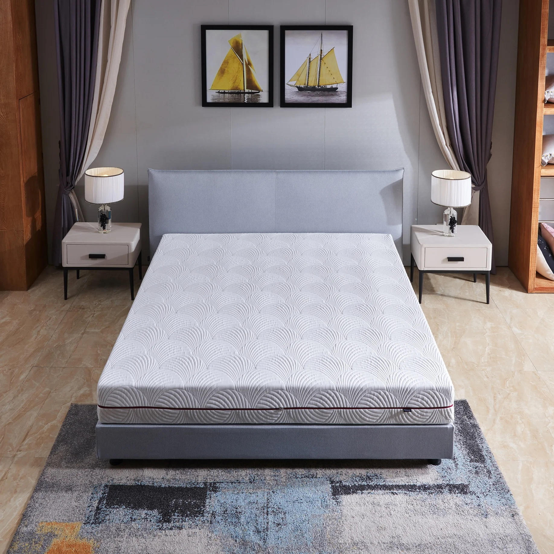
Modern Single Or Double Size Light Gray Upholstered Wooden Slatted Bed Frame 