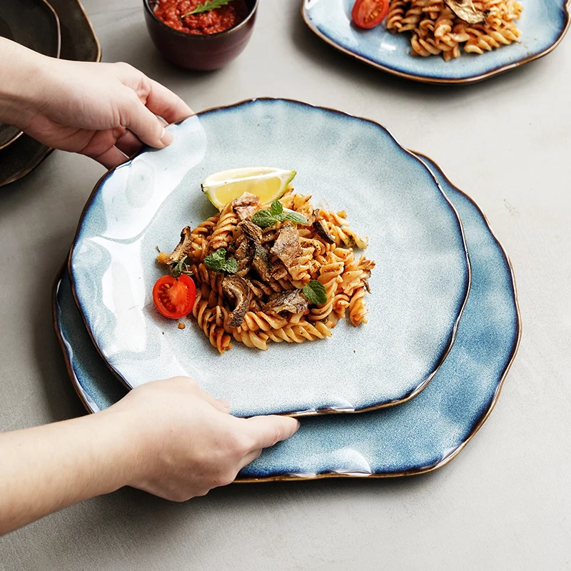 Handmade Ceramic Dinner Plate Rustic Glazed Cold Dishes Fruit Salad Sushi Pasta Food Serving Tray Irregular Restaurant Tableware