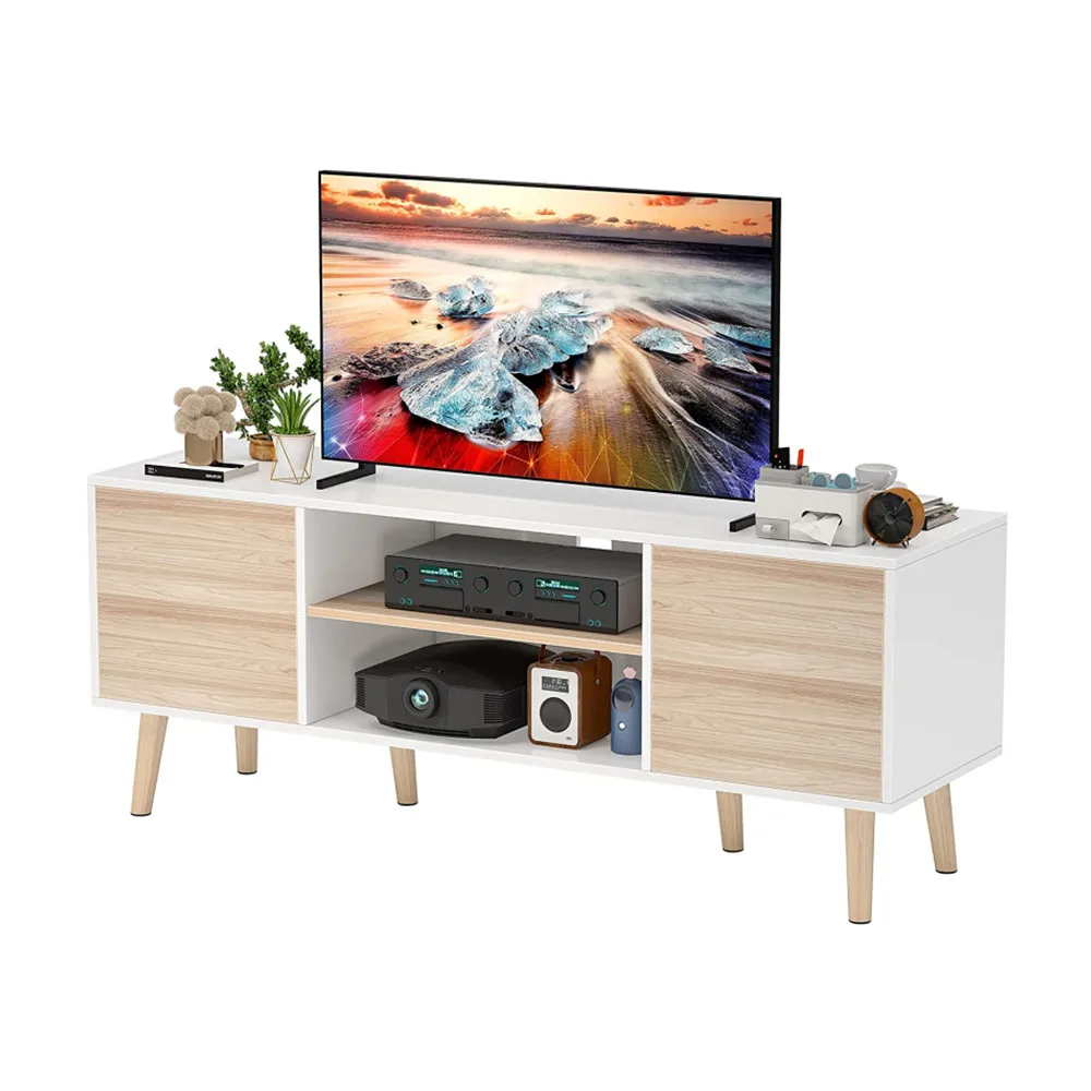 White and oak home entertainment center wood TV console media storage cabinet modern TV stand for TVs up to 60 inch