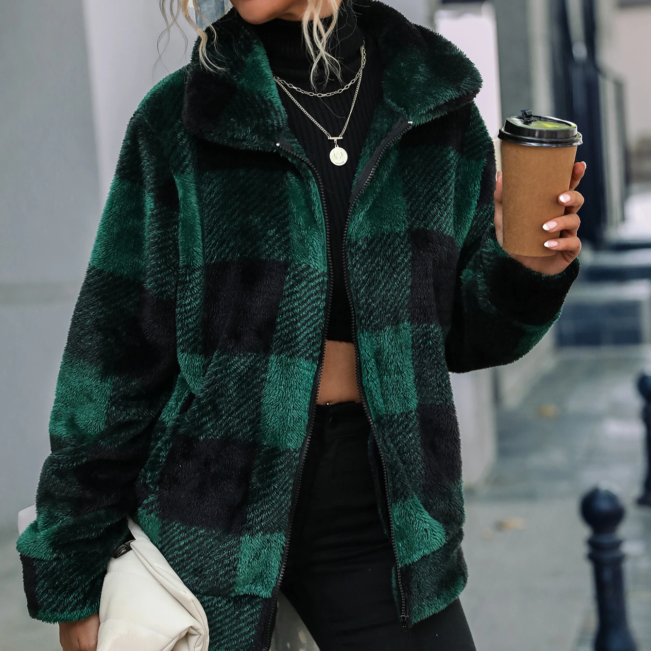 DAMOCHIC Winter Fleece Jacket for Women Front Zipper Long Sleeve Plaid Wool Coat Warm Fall Thick Mid Length Trend Coat 2023