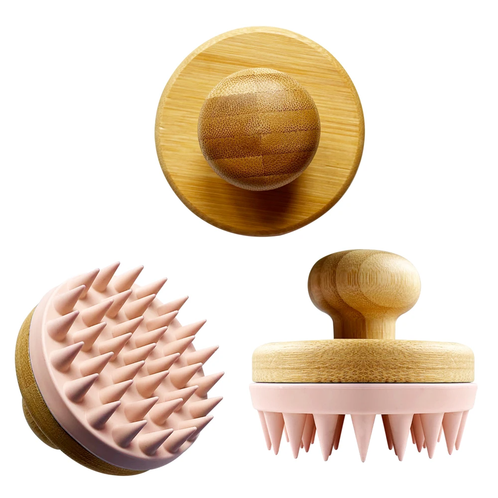 bamboo scalp massager shampoo brush comb with Soft Silicone Wet and Dry Hair Scalp Care Brush Shower Brush Scalp Scrubber
