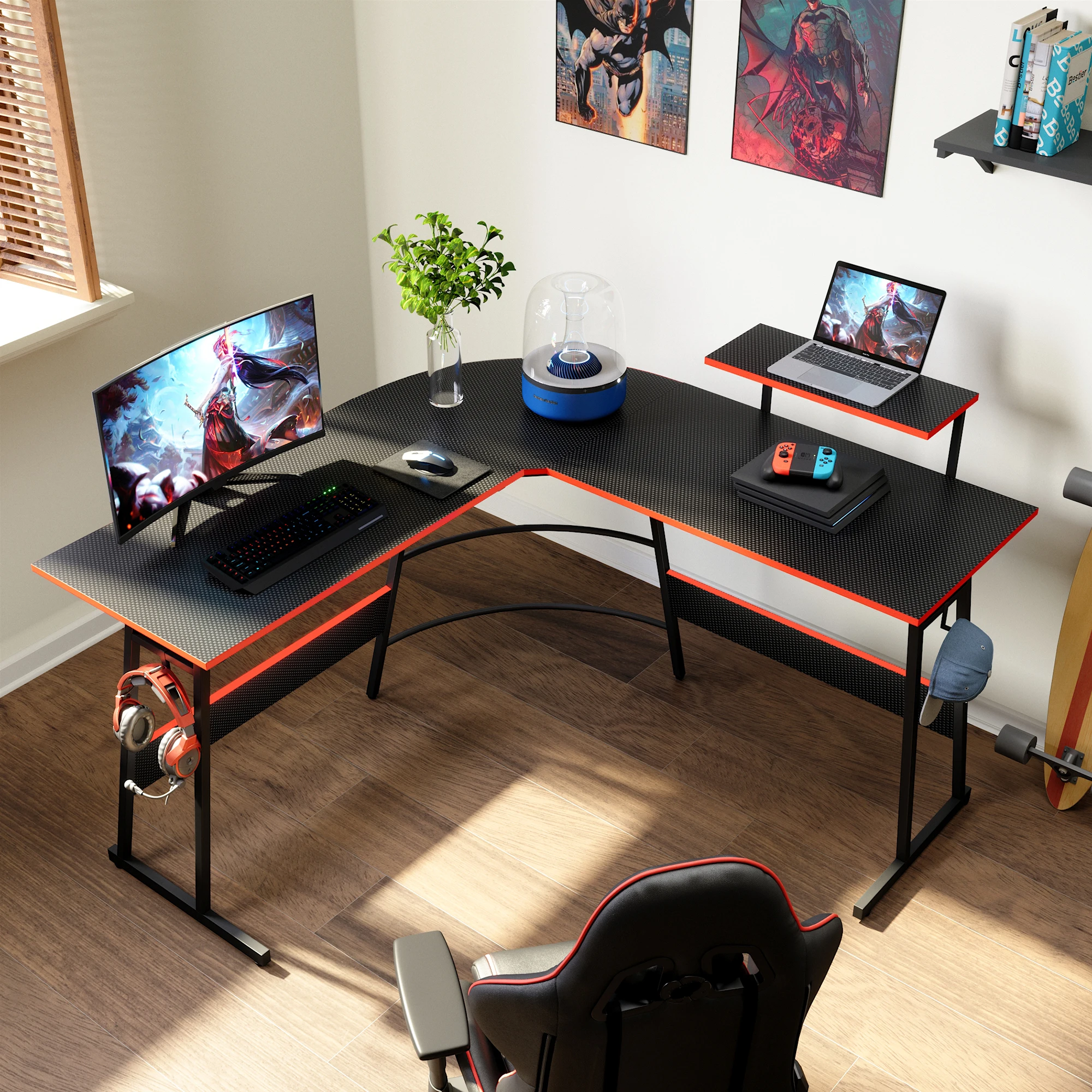 Hot Sales L shape Gaming desks New racing gaming table design PC gaming desk With RGB Light for E-sports