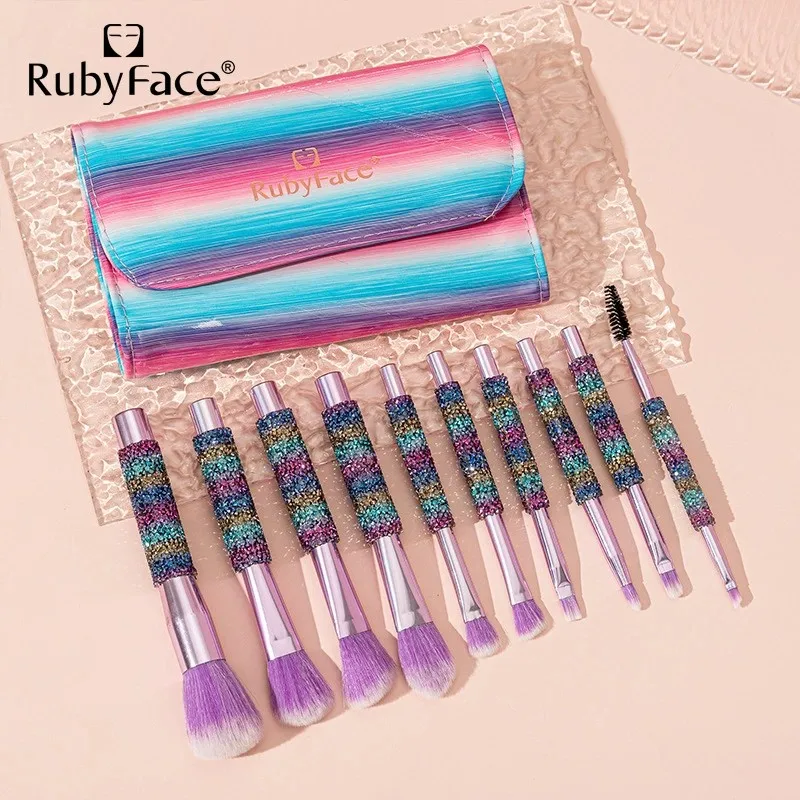 Customized Products RubyFace 10pcs Wrapped Broken Drill Cosmetic Tools Makeup Brush Set With Shining Bag