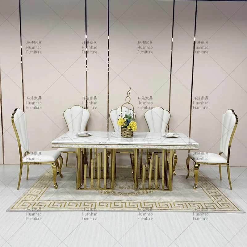 Wholesale Ivory White marble top stainless steel dining table restaurant luxury gold dining 6 chairs and tables set