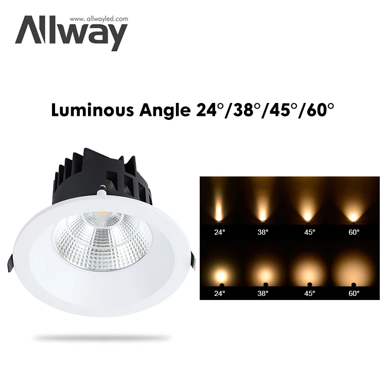 ALLWAY Aluminum Indoor Hotel Home Recessed Mounted Trimless 9w 18w 25w 35w 45w 60w Round COB LED Spotlight
