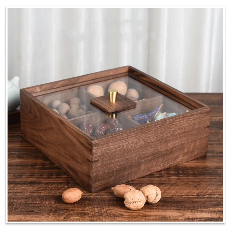 202408 Chinese Style Solid Wood Fruit Candy Box Walnut with Home Compartments Lid Nut Tray Dried Fruit Snack Storage Food Use