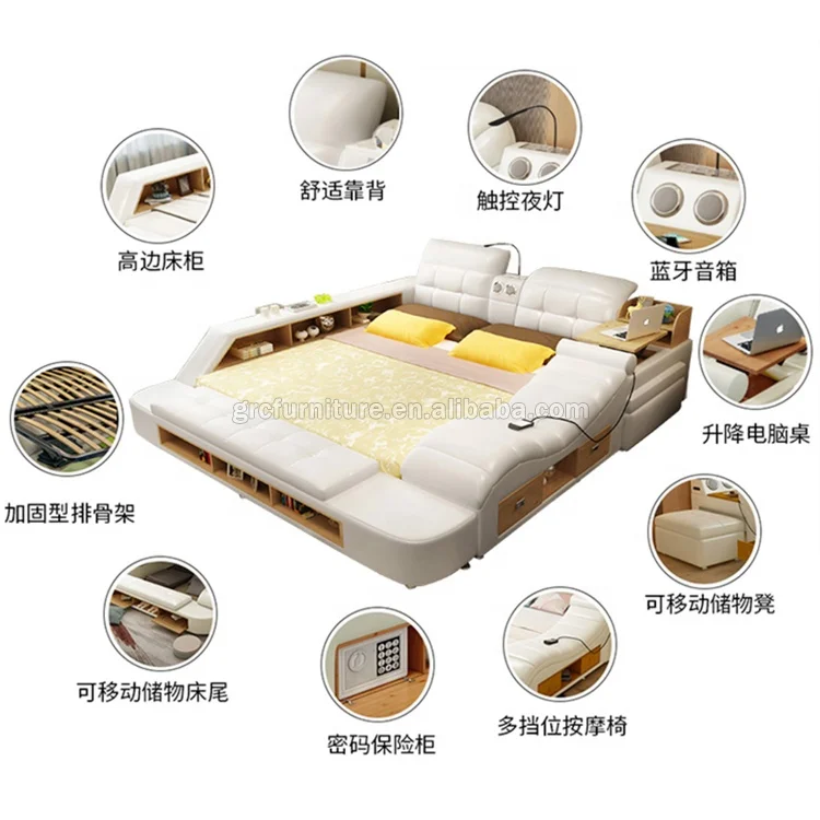 Modern multi function massage bed with music USB white leather beds tatami bedroom furniture