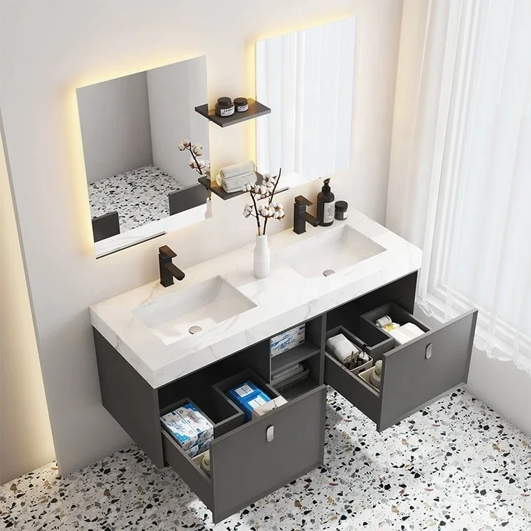 Modern Wall Hanging Hotel Marble Bathroom Double Sink Vanity Cabinets Bathroom Storage Cabinet