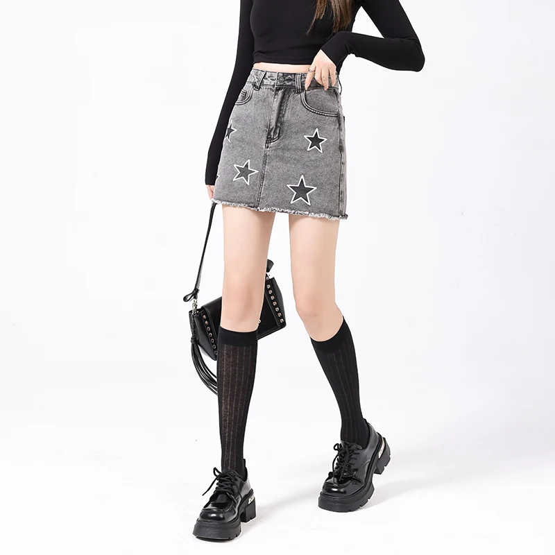Elegant Star Pattern Mini Denim Skirt for Women High Quality Short Winter and Summer Dress with Sweet Style Logo on Waist