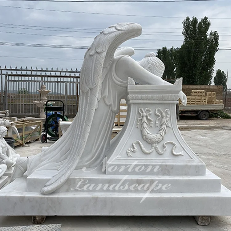Outdoor Large Stone Angel Statue White Marble Weeping Angel Headstone And Tombstone For Grave