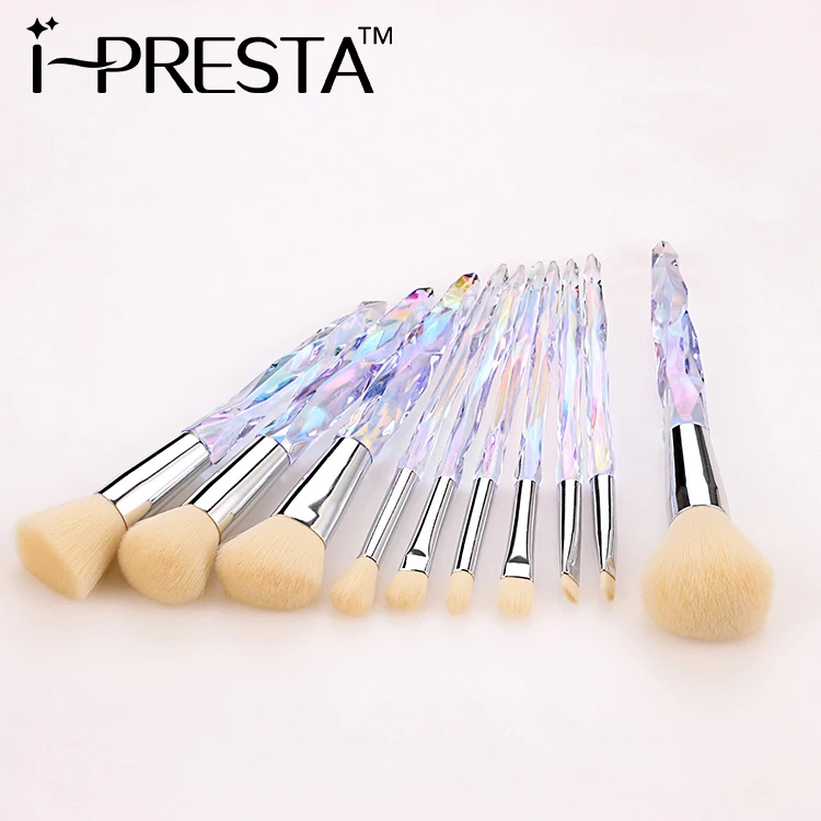 IPRESTA Private label 10pcs Diamond Crystal Makeup Brushes Transparent Crystal Handle Makeup Brush Set