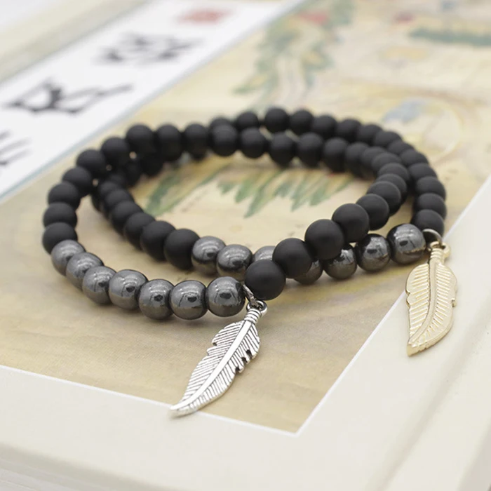 spiritual leaf minimalist private label hematite natural stone bracelet
