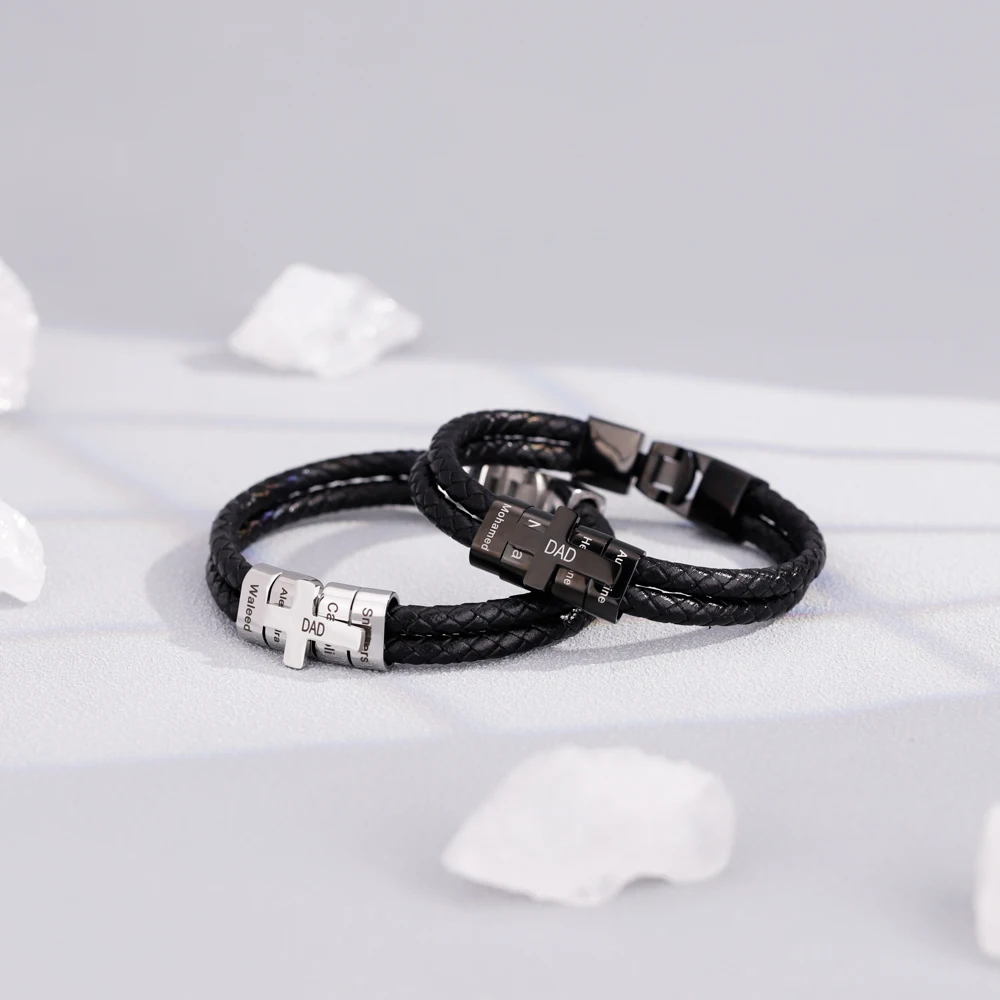 Cross Charm Engraving Name Bead Bangle Bracelet Wholesale Stainless Steel Braided Leather Bracelet Men Jewelry