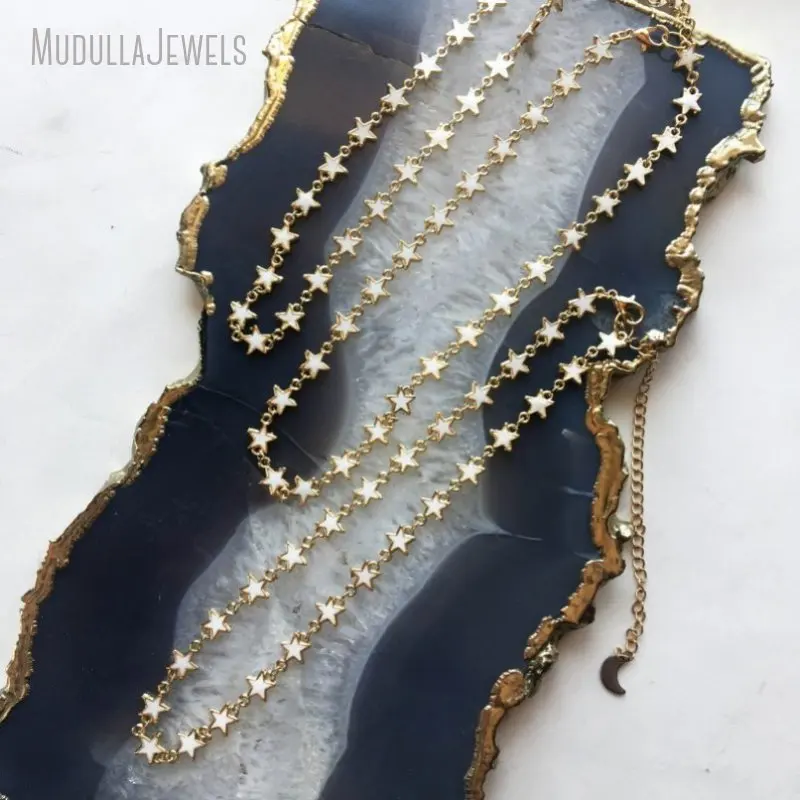 NM45388 Black White Enamel Moon And Star Gold Plated Chain Choker Minimal Layering Witch Boho Goth Necklace For Women