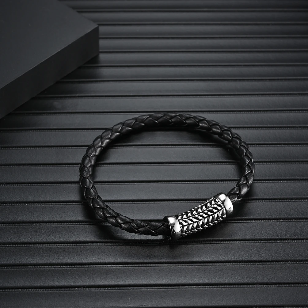 Retro Stainless Steel Twisted Wire Black Handmade Braided Leather Bracelets Jewelry Men Bracelet