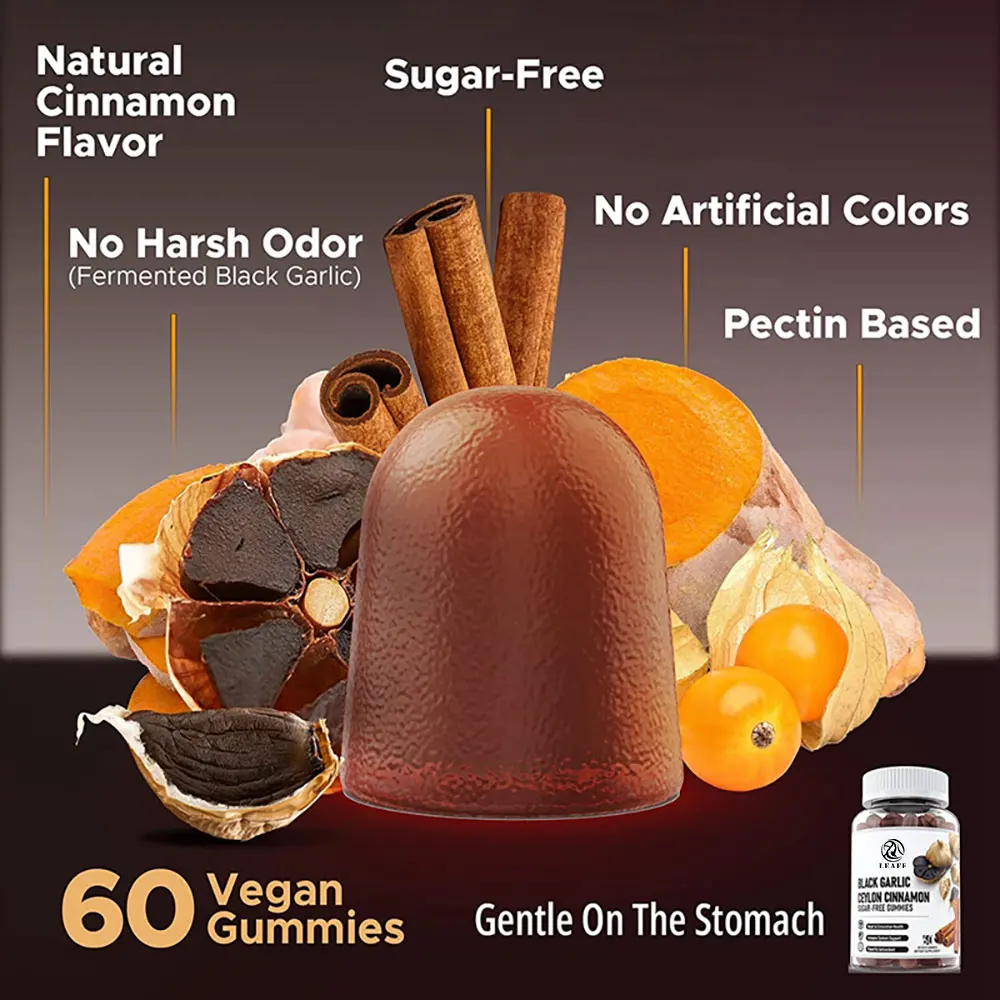 Sugar-Free Aged Black Garlic Supplement 1000mg Black Garlic Turmeric Ginger Gummies with Plus Organic Ceylon Cinnamon Gummy