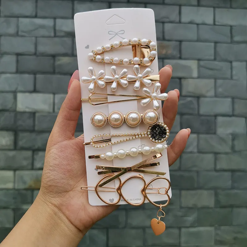 2021 Wholesale Various Styles Korean Fashion Hair Accessories Pearls Heart Hair Clips Cristal Hairpins Set