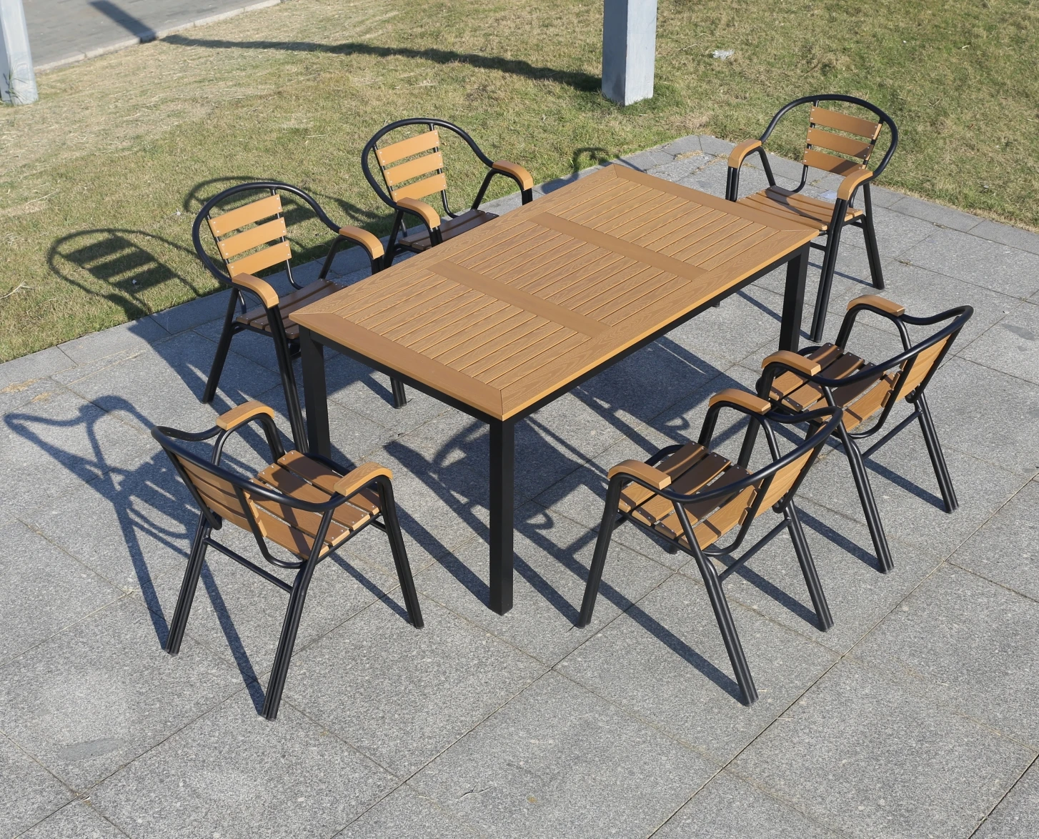 AWT003L China wholesale outdoor furniture plastic wood 160cm long table  with 4 or 6 people for garden patio villa courtyard