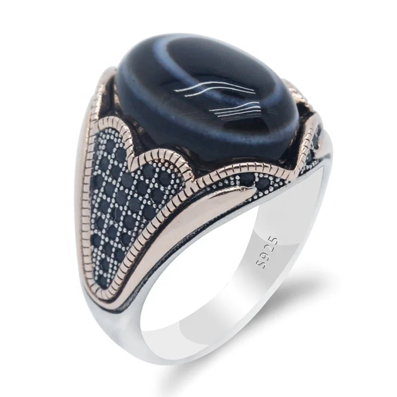 Turkish Men Ring in 925 Sterling Silver Natural Agate Stone Islamic Onyx Stone Ring for Wholesale Price