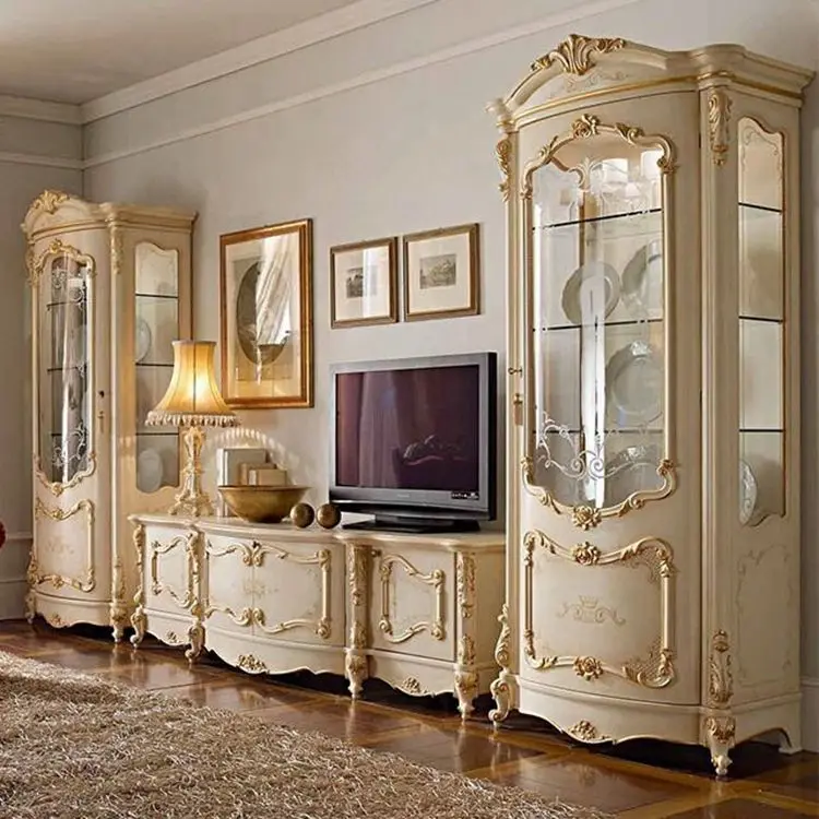 Wooden Luxurious Wine Cabinet European Furniture Classic Living Room Luxury Wood Carving Display Cabinet Glass Wine Cabinet