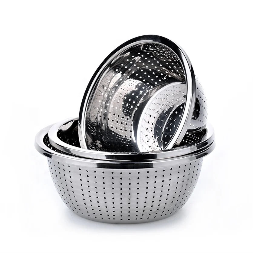 Manufacturer kitchenware wash vegetable fruit mixing bowl 201 stainless steel rice sieve strainer bowl