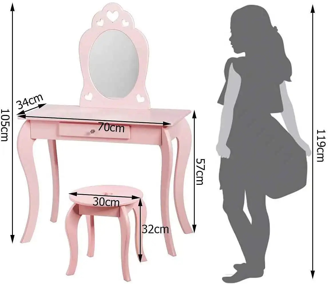 Kids Vanity Set with Mirror Children Dressing Table  Stool Set for Girls Makeup Vanities Wooden Dressing Table Baby Furniture