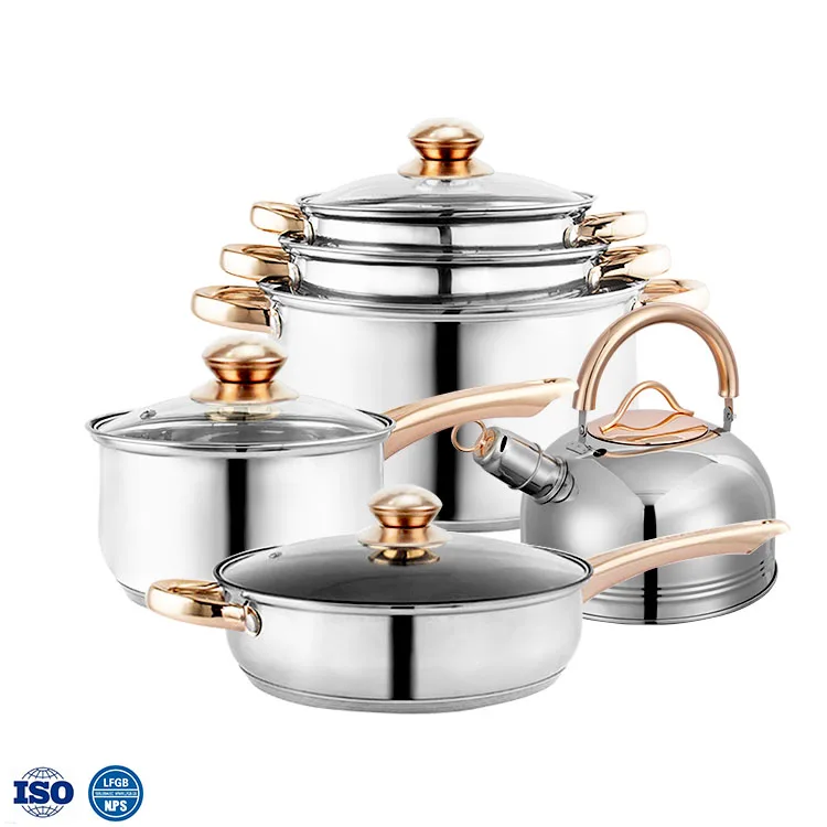 12pc golden handle kitchen pans casserole stockpot non-stick pan stainless steel cookware set with glass lid