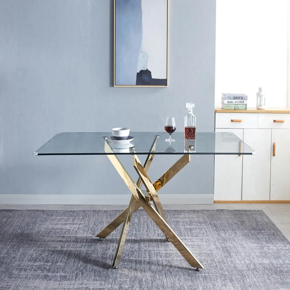 Modern Luxury Rectangular Tempered Glass Top Events Dining Table with Gold Stainless Steel Legs