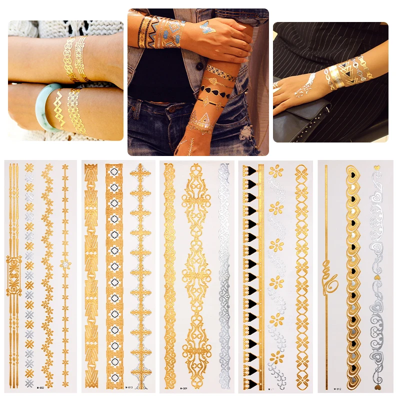 Beauty sticker Gold metallic tattoos Nice metallic shine and these metallic temporary fake tattoos will stay on for several days