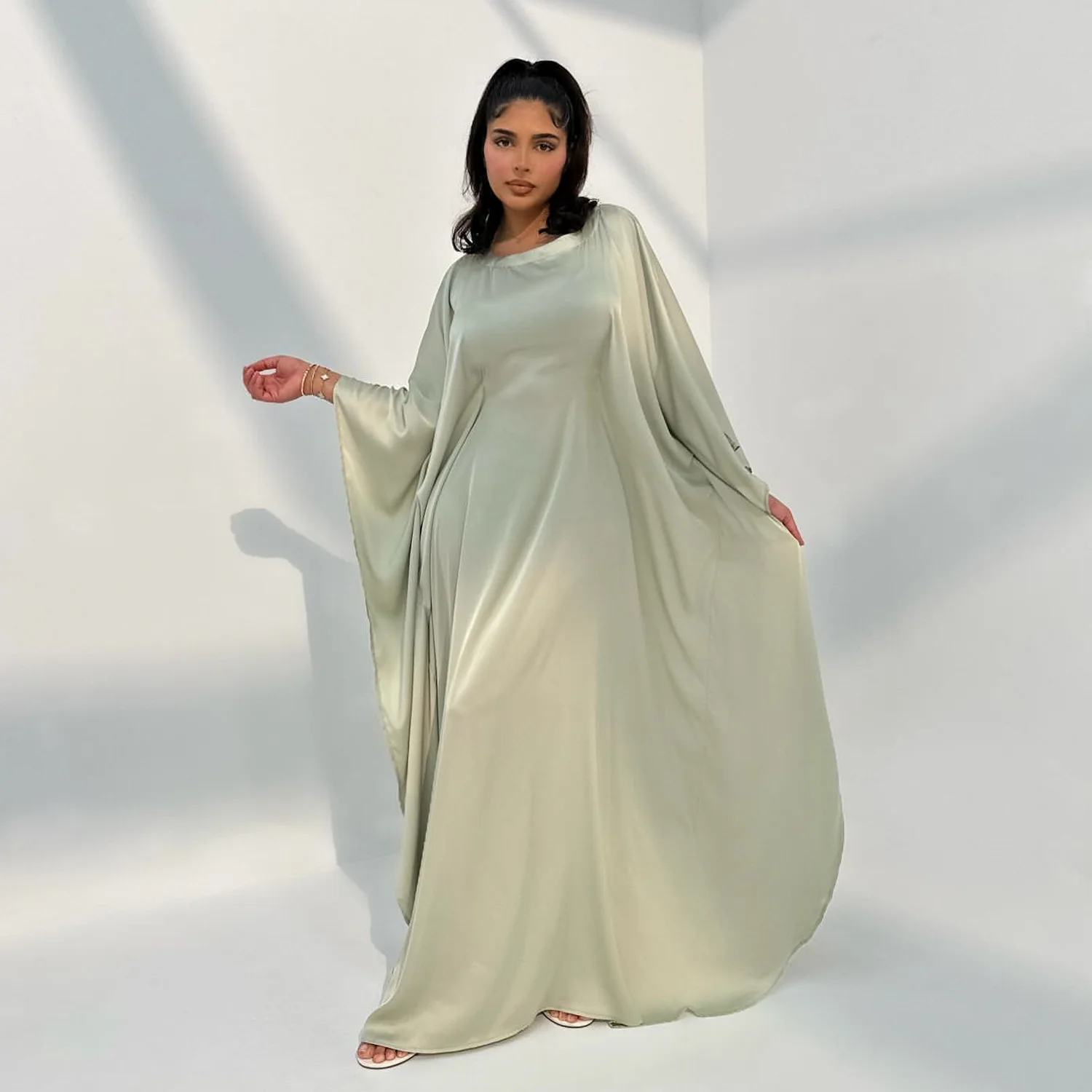 2024 Elegant Solid color Satin Kaftan Abaya EID Outfit Batwing Sleeves Islamic Clothing Abaya Women Muslim Dress
