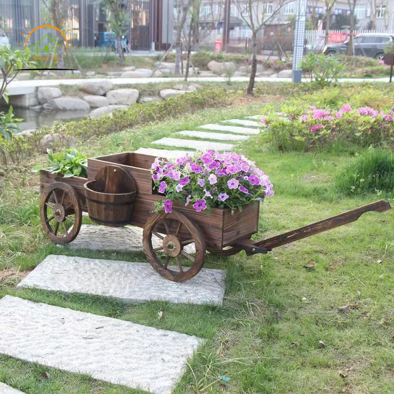 Movable Solid Wood Four-wheel Garden Rustic Wooden Flower Cart Wood Wagon Planter