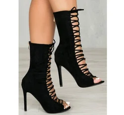 Lady Fashion Summer Front Lace Up High Heel Boots Sandals Mature Women Shoes