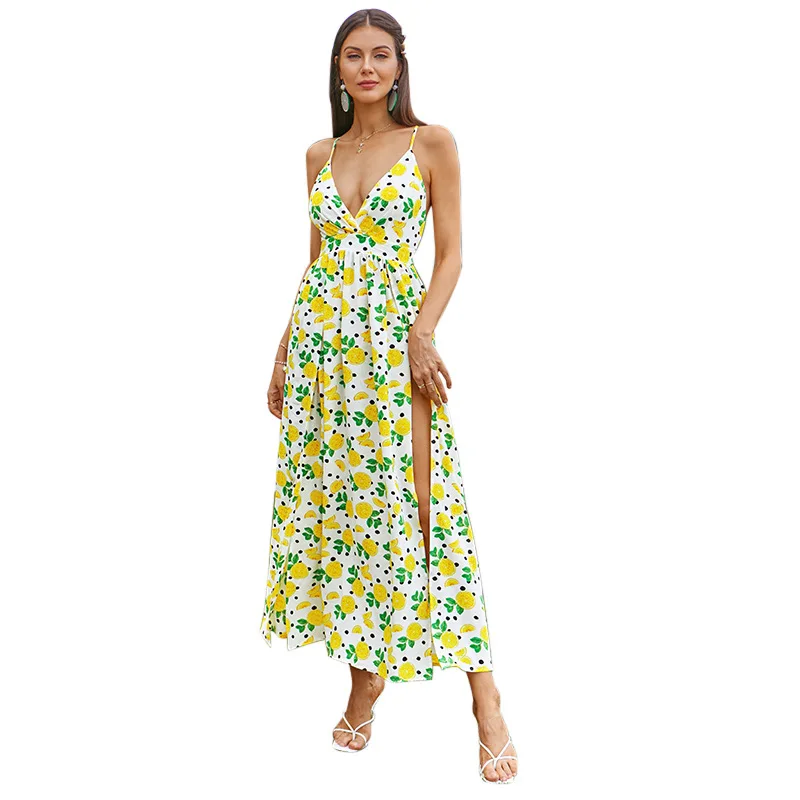 Custom Vestidos Women Elegant Summer Casual Dresses Backless Boho Long Dress Floral Print V Neck Sundress Summer Dress 2024