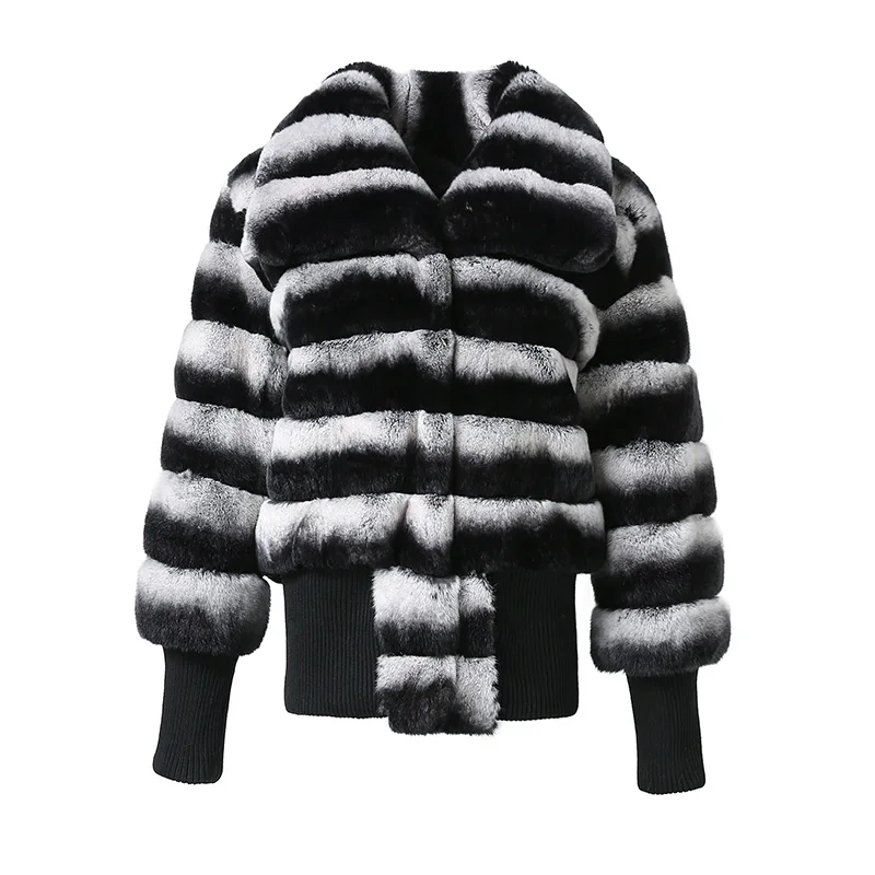 High Quality Luxury Winter Rex Rabbit Fur Jacket Women Real Chinchilla Fur Coat