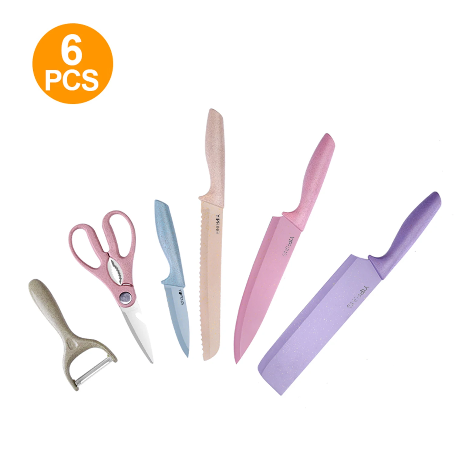 Новый продукт, кухонные аксессуары, ручка из нержавеющей стали для пшеничной соломы, антипригарное покрытие, набор из 6 кухонных ножей в подарочной коробке