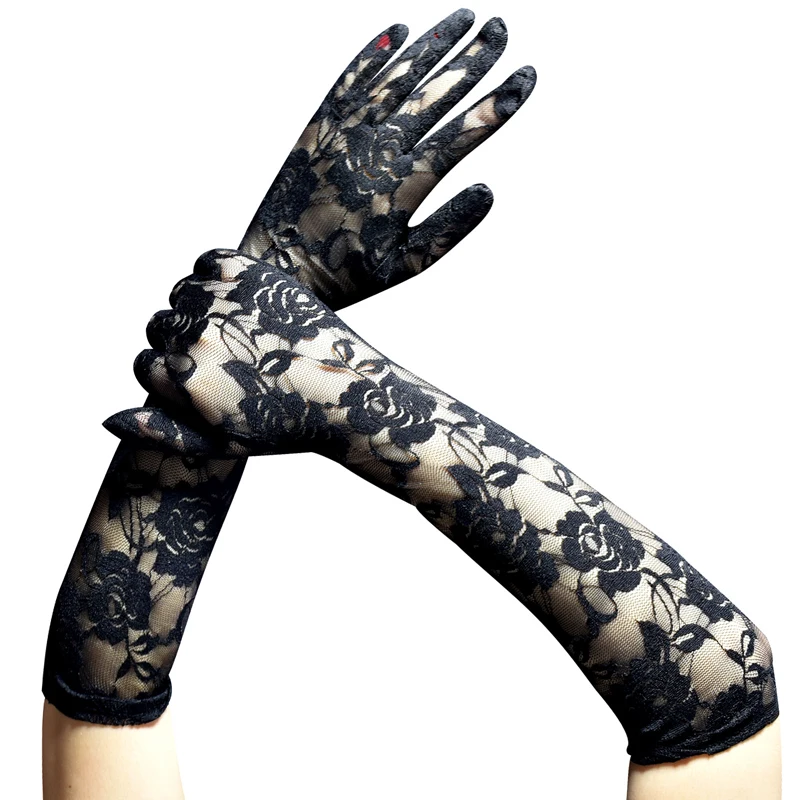 Womens Floral Sexy Lace Flower Gloves Long Opera Full Finger Sun Protection Female Nightclub Arm Costume Elbow Length Gloves