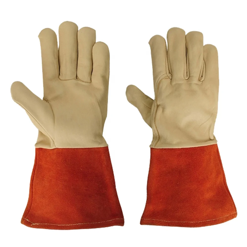 Heat Resistant Safety Work Welding Gloves Tig Grain And Cow Leather Long Cuff White Top Cow