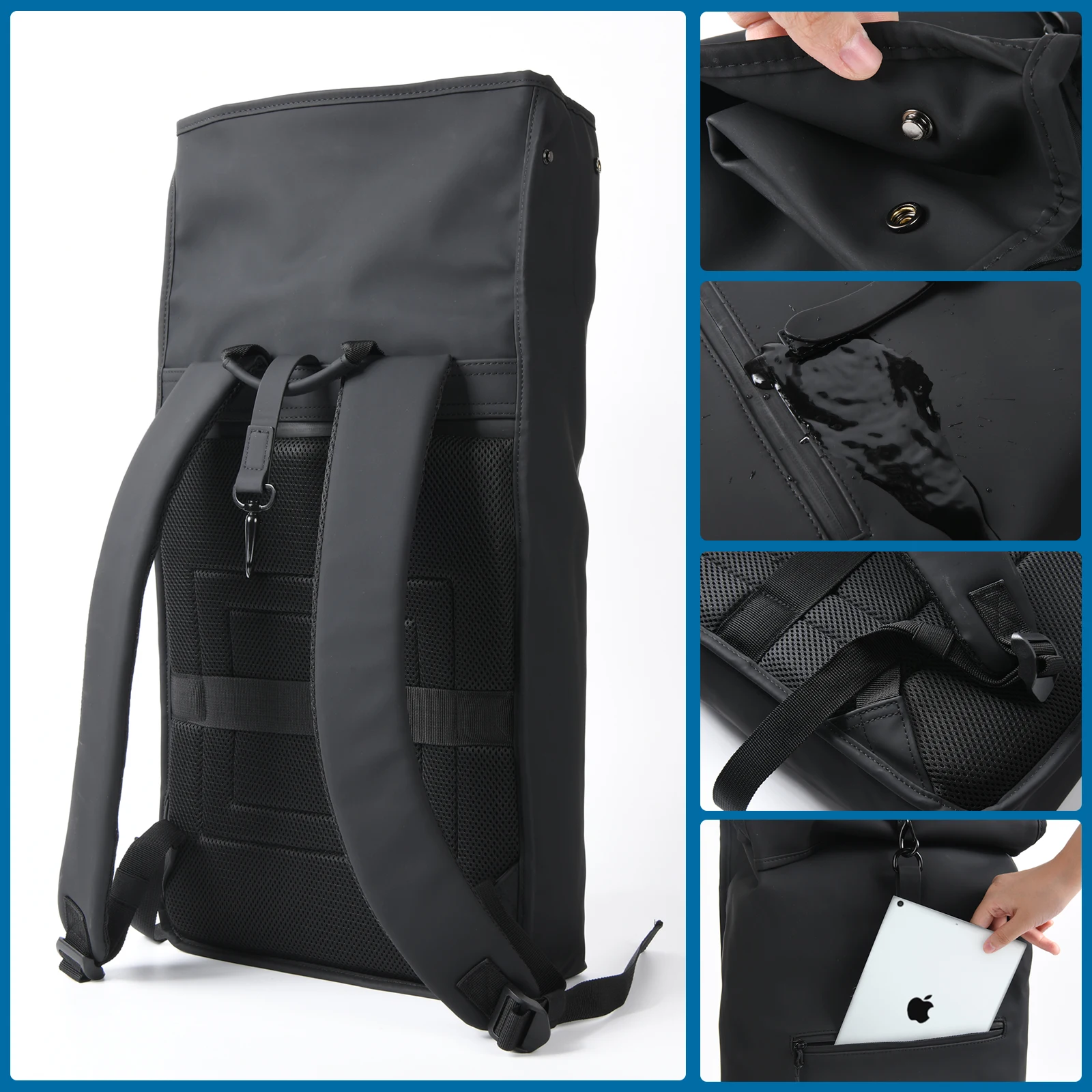 waterproof Tuck Pack Expandable roll top backpack black nylon rolltop laptop backpacks school bags unisex custom logo leather
