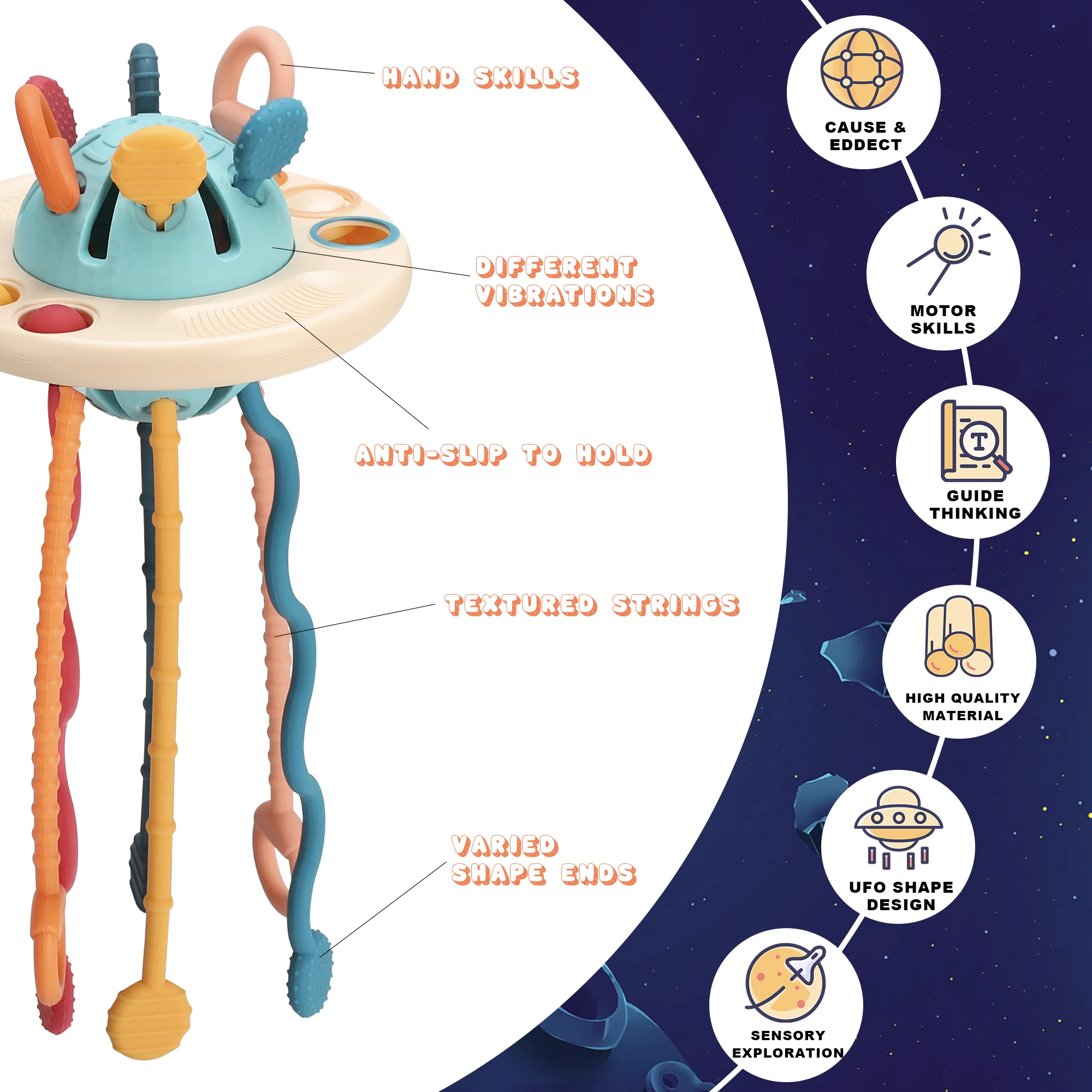 Fast Delivery Finger Activity Sensory Training Educational Baby Soft Teether Food Grade Chew Silicone Pulling String Toy