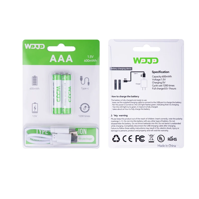 New Design  1.5V AAA 600mWh Rechargeable Lithium Ion Type C Lithium Ion Batteries  With 2-in-1 Charging Cable