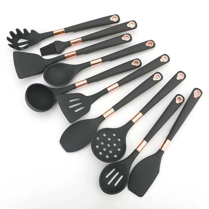 Kitchen Mate Modern Simple Soup Spoon Spatula Scraper 11 Pieces Silicone Cooking Utensil Set with storage bucket