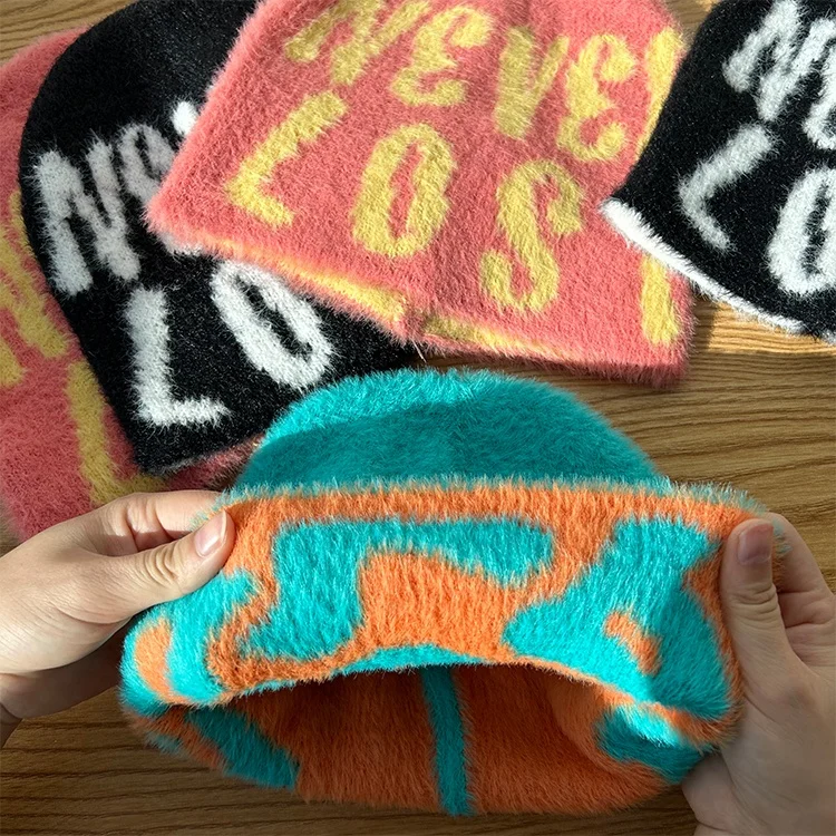 Beanies With Custom Logo All Over Print Designer Unisex Graphic Jacquard Mohair Knit Winter Beanie Hats