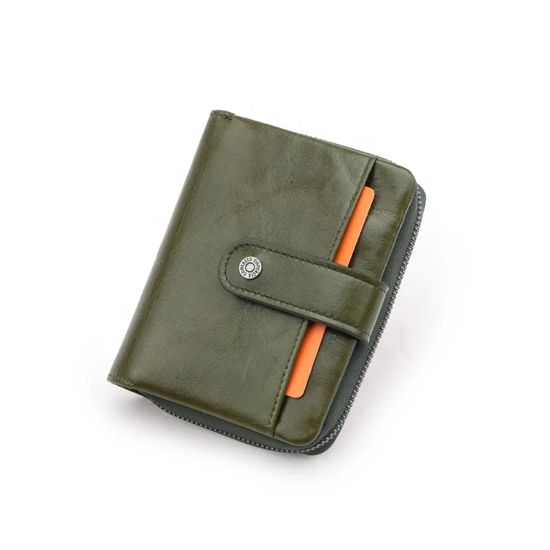 Drop ship ladies luxury leather rfid blocking bifold button closed with zipper coin pocket slim purses for women