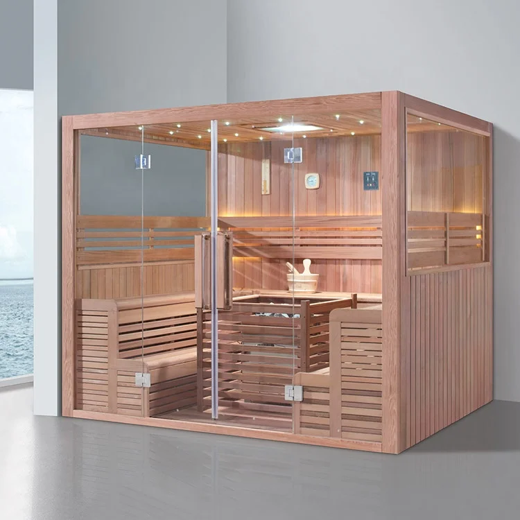 Indoor dry traditional sauna room with glass door