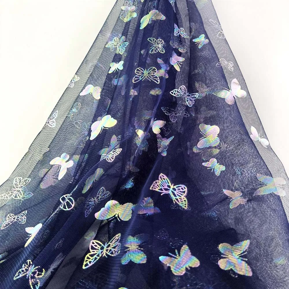 Spring and Summer New Design Gradually Flocking Colorful Butterfly Printed Tulle Gilding Gauze Mesh Fabric for Wedding Dress
