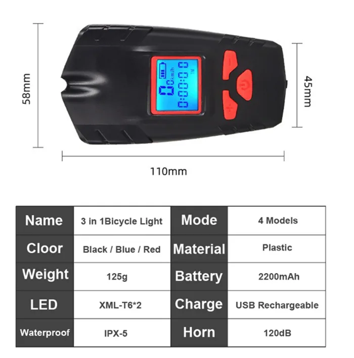 Bicycle With IPX-5 Waterproof Stopwatch LED Bike Light Bike Horn Light Speedometer