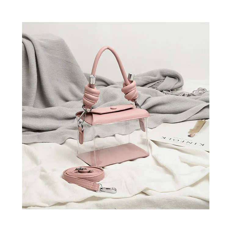 2021 New Designer Women Jely Clear Pvc Handle Square Trendy Shoulder Bag Lady Solid Transparent Messenger