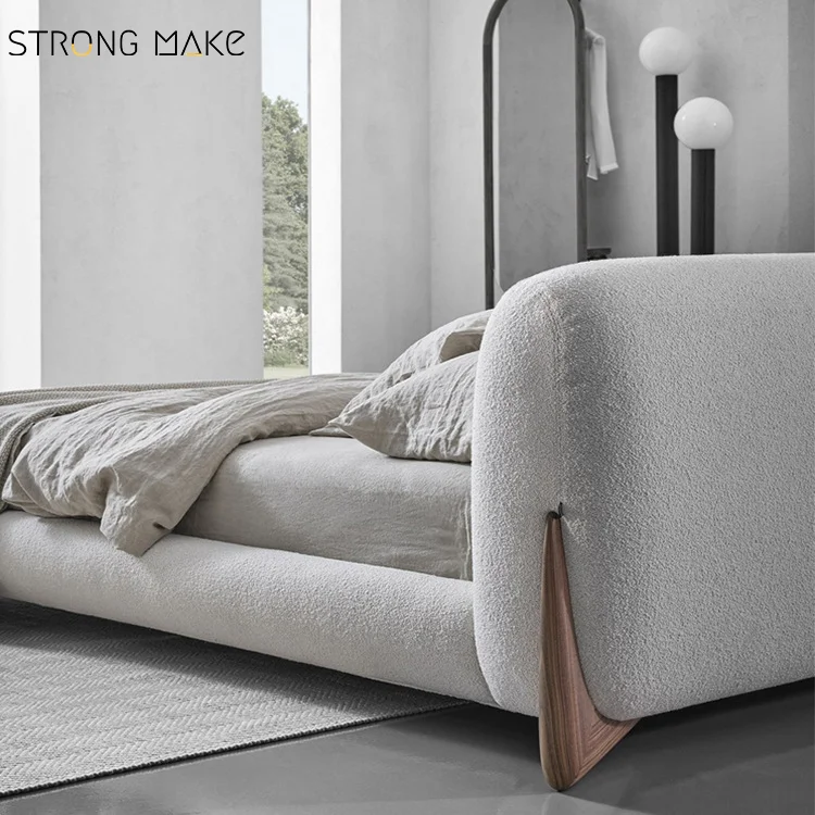 Wabi Sabi Japanese Style Luxury Modern Hotel Queen King Full Upholstered Size Wooden Leg Boucle Bed Frame For Bedroom