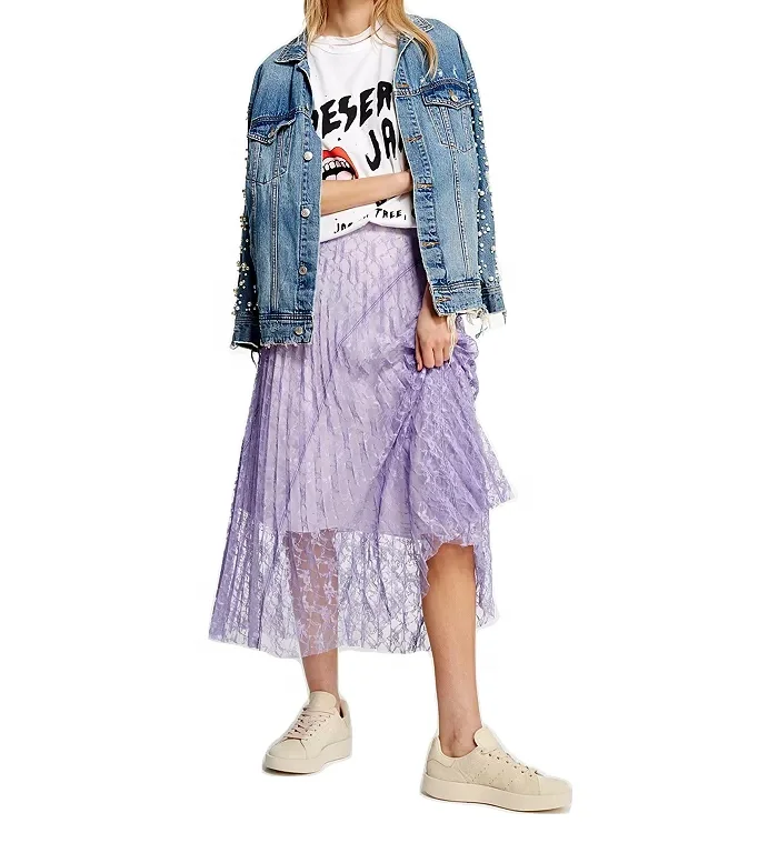 Gradient Pearl Embellishments Denim Jacket Plus Size Long Casual Breathable Anti-shrink OEM Service YARN DYED Eco-friendly Plaid